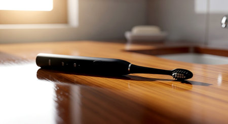 Electric toothbrush on a wooden table in the kitchen. Selective focus.の素材