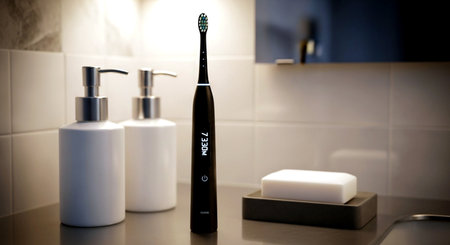 Modern electric toothbrush on the table in the bathroom. 3d renderingの素材