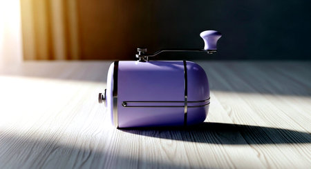Purple coffee maker on a wooden table. 3d rendering.の素材