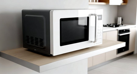 Microwave oven on a shelf in a modern kitchen, close-upの素材