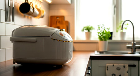 Modern white electric multicooker on the kitchen table in the morningの素材