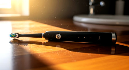 Electric toothbrush on a wooden table in the bathroom, close-upの素材