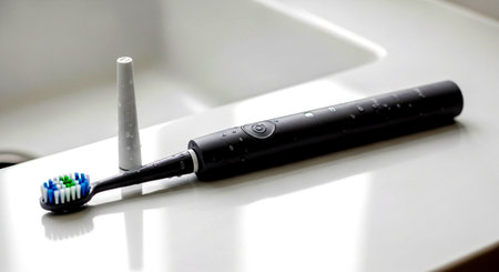 Electric toothbrush and toothpaste on a white table. Selective focus.の素材