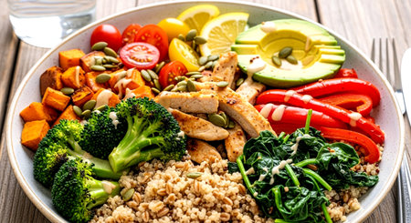 Healthy Buddha bowl with quinoa, vegetables and chicken on wooden backgroundの素材