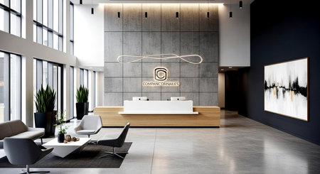 Interior of modern office waiting room with reception desk and reception counter. 3d renderingの素材