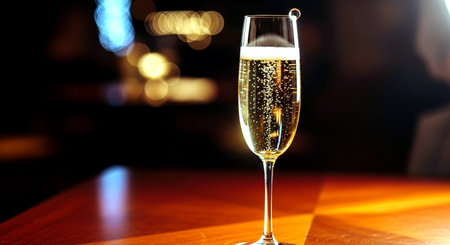 champagne glass on bar counter in night club with bokehの素材