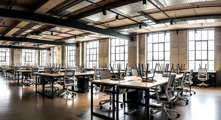 Interior of a modern office with wooden tables and chairs. Nobody insideの素材