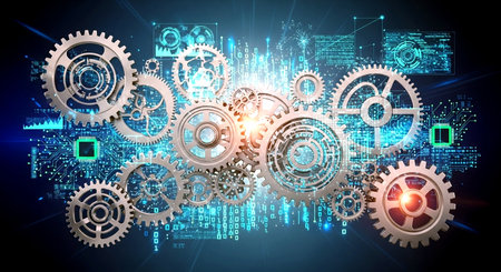 Conceptual background image with gearwheels against digital image of circuit boardの素材