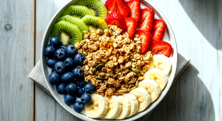 Healthy breakfast bowl with granola, fresh fruits and berries.の素材