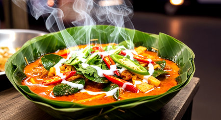 Thai spicy curry with fish and herb on wooden table in restaurantの素材
