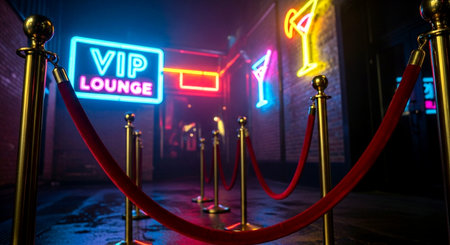 Red carpet with VIP sign at night club. 3D rendering.の素材