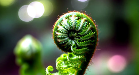 Young fern in the garden, close-up. Selective focus.の素材