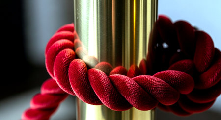 Closeup of red rope on a metal pole with a blurred backgroundの素材