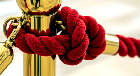 Red rope tied to a golden railing, closeup of photo.の素材