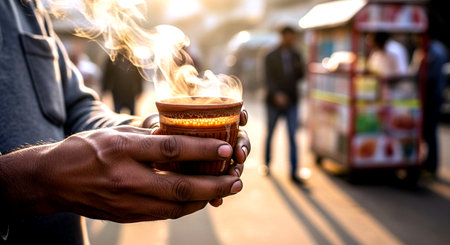 Man holding a cup of hot coffee on the background of the street.の素材