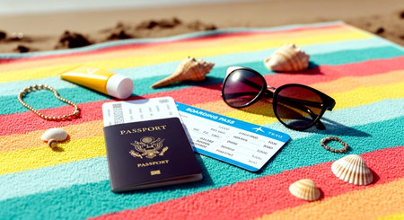 United States Passport, Sunglasses and Travel Tickets on the Beachの素材