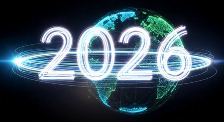 Glowing 2020 New Year digits over planet earth background 3D renderingの素材