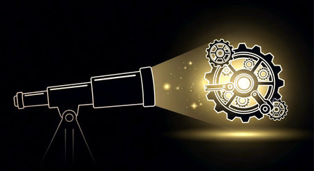 Telescope and gears on a black background. Vector illustration.の素材