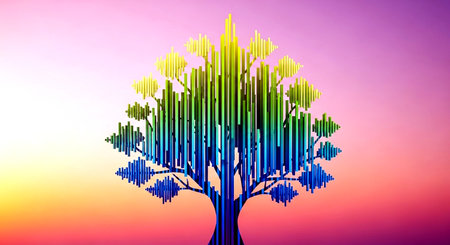 Abstract tree with colorful lines on a pink background. 3d renderingの素材