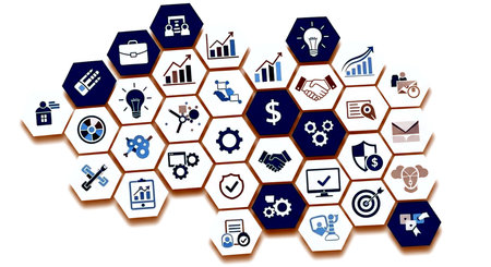 Concept of business and technology with icons on white background, vector illustrationの素材