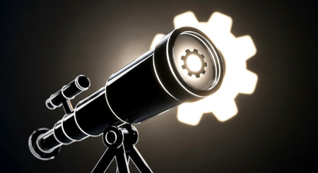 Telescope and cogwheel on black background. 3D renderingの素材