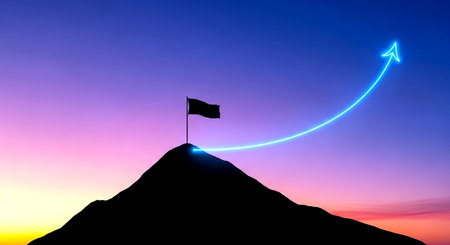 Flag on top of mountain peak with rising arrow. Success concept.の素材