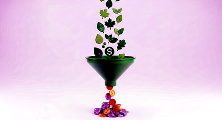 Conceptual image of a funnel with money and leaves on itの素材