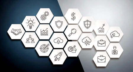 Digital composite of Digital composite image of business icons with hexagons and iconsの素材
