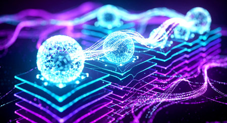 3d rendering of abstract digital technology background with glowing lines and particlesの素材