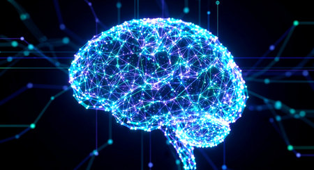 Digital brain with connected lines and dots on dark background. Artificial intelligence concept. 3D Renderingの素材
