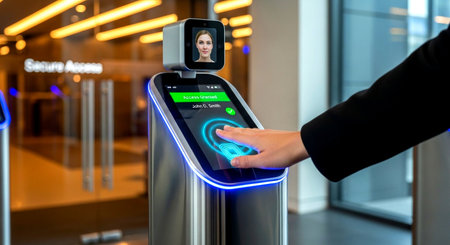 Woman using interactive touch screen interface in airport terminal. E-commerce and technology conceptの素材