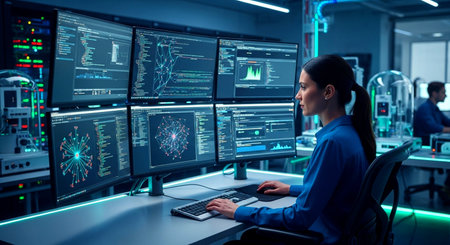 Side view of female programmer working on computer in server room at nightの素材