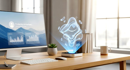 Modern workplace with laptop and coffee cup on wooden table in office 3D renderingの素材