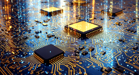 Circuit board close-up. Technology background. 3d renderingの素材