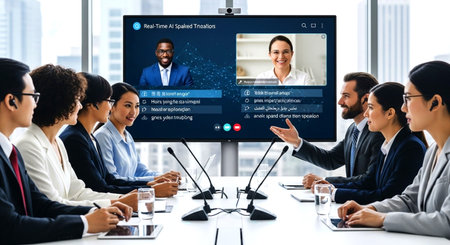 Video conference call. Group of business people attending online meeting via video conference app. Telework conference call using smart video technology to communicate colleague in professional corporate business.の素材