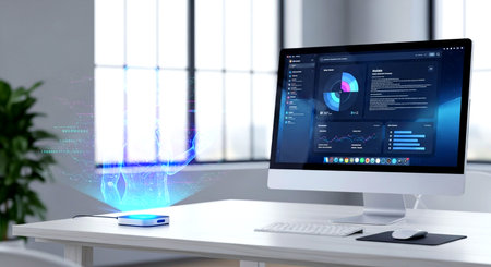 Close up of modern office desktop with keyboard and mouse 3D renderingの素材