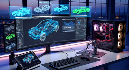 Automotive industry concept showing 3d illustration of a car in front of a computer monitorの素材