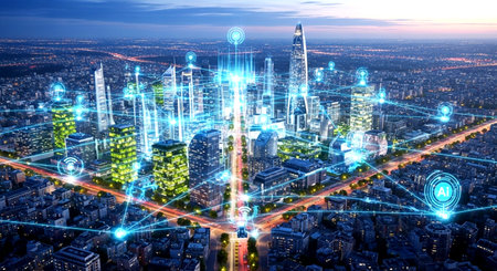 Smart city and wireless communication network over modern cityscape background. Concept of future 5G wireless digital connecting and social media networking.の素材