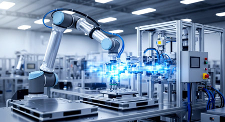 3d rendering robotic arm working on production line in factory with blue lightsの素材