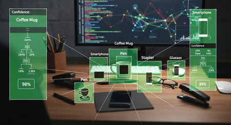 Smartphone and tablet computer on the desktop in modern office with virtual screenの素材