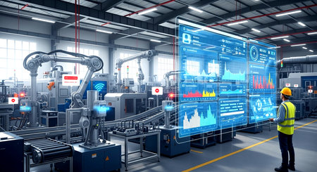 Industrial worker in the background of a modern factory. 3D renderingの素材