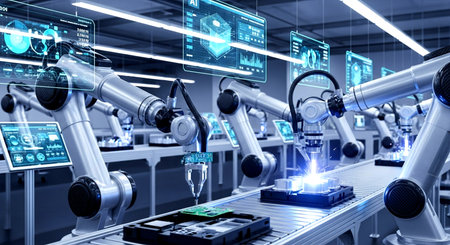 3D rendering robotic arms working in a modern factory with virtual screensの素材