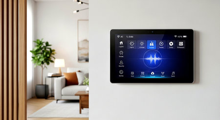 smart home and internet of things concept - close up of tablet pc with application on screen in modern living roomの素材