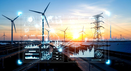 Conceptual image of wind turbines and high-voltage power lines at sunsetの素材