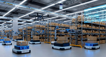 3d rendering of warehouse interior with shelves and boxes on conveyor beltの素材
