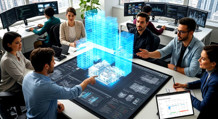 Group of business people in smart casual wear working together in office as a team with laptop and tablet computer with hologram of big city on the screen.の素材