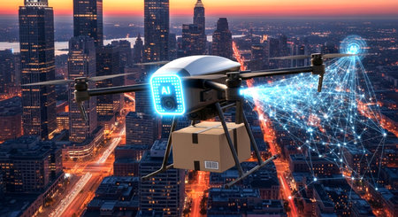 Delivery drone with cardboard box flying over city at sunset 3D renderingの素材