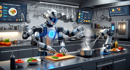 Robot in the kitchen. 3D rendering. Robot in the kitchen.の素材