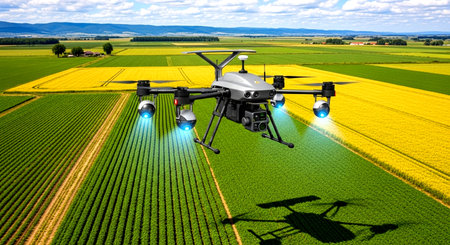 Drone quadcopter with digital camera flying over agricultural fields.の素材