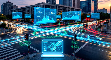 City scape with traffic light trails and digital hologram of smart city.の素材